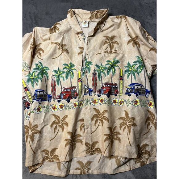 Rima Hawaiian Button Up Shirt XXL Aloha Surfing Palm Tree Bus Tan Top Vintage - Picture 1 of 4